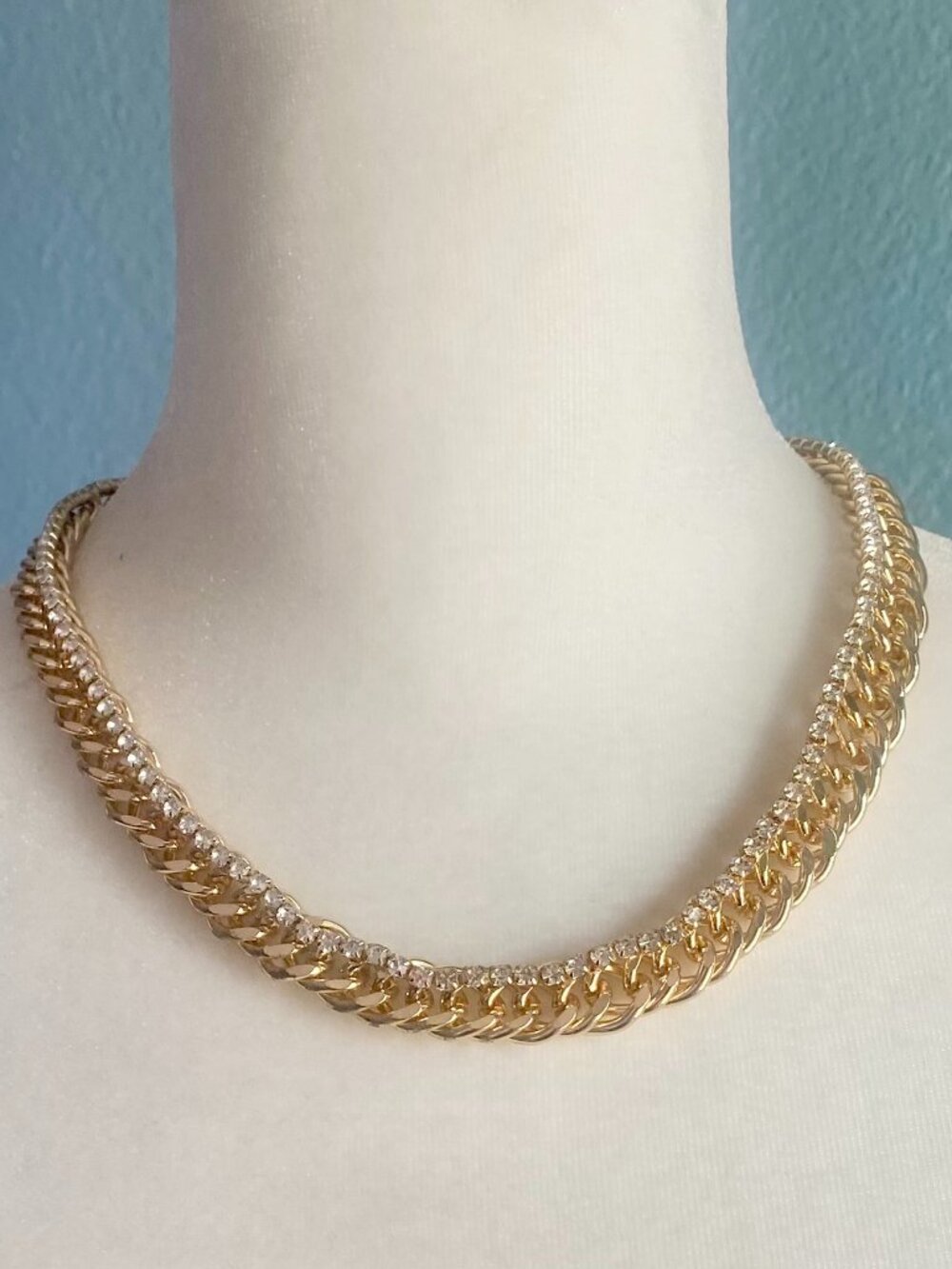 Open Edit Rhinestone and Gold Chain Collar Necklace 20 Inches